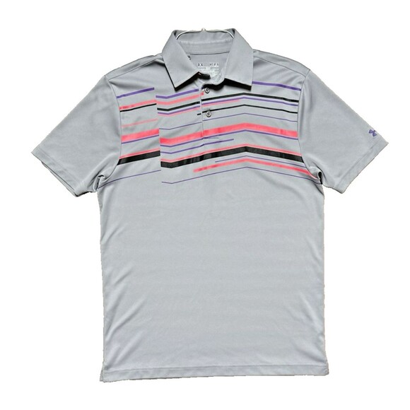 Men's Under Armour Polo Shirt MED Gray Pink Striped Performance Loose Golf UA M - Picture 1 of 7